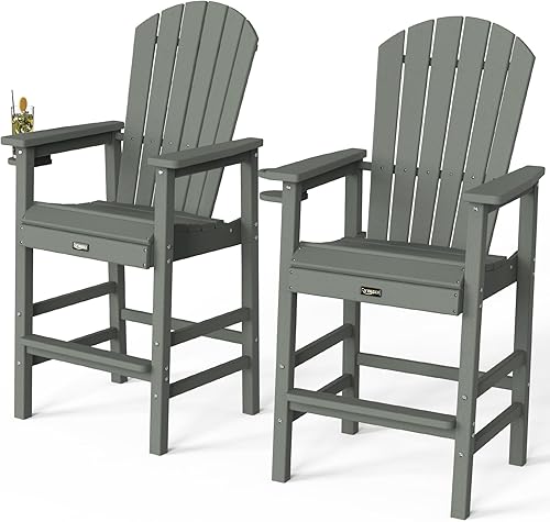 Miniatura 3 de VINGLI Juego de 2 sillas Adirondack altas Adirondack de polietileno de alta densidad con soportes para tazas, sillas de terraza de polietileno para