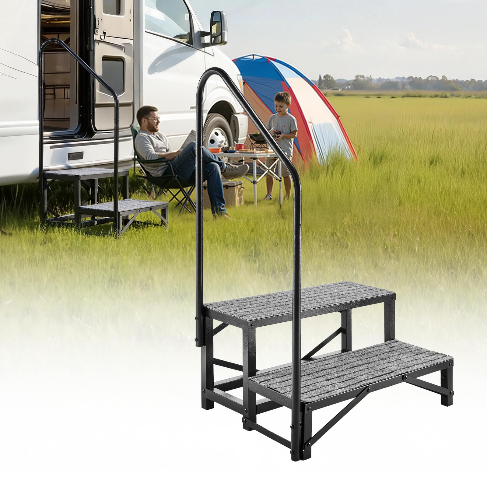 VEVOR Escalier Mobile à 2 Marches, Marchepied avec Rampe pour Caravane avec Patins Antidérapants, Capacité 300 kg, pour Personnes Âgées, Animaux Domestiques, Portable pour Camping-Car, Piscine, Spa