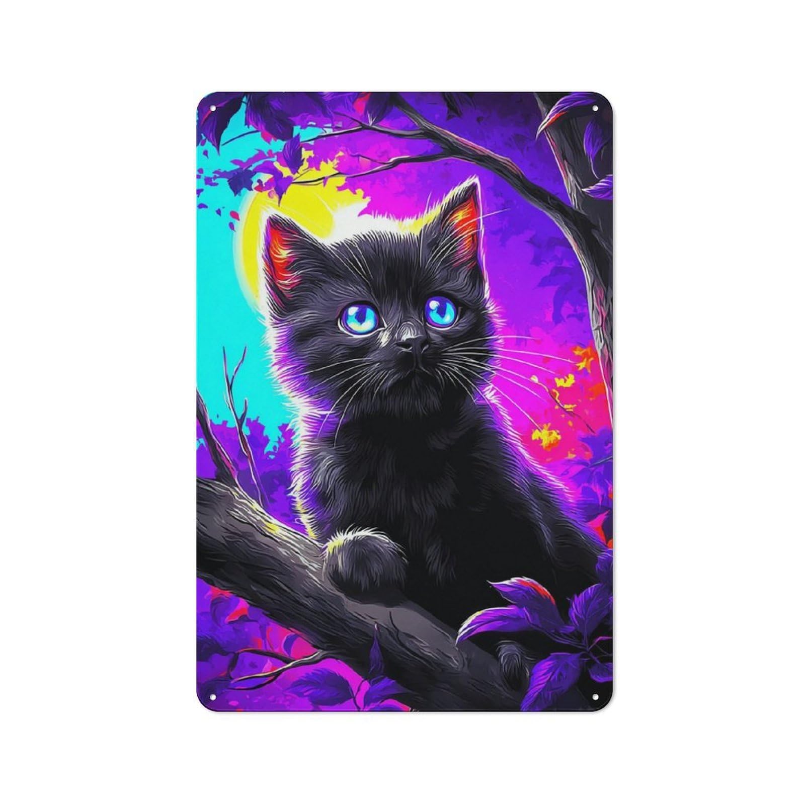 Junmoney Magical Black Cat In Vibrant Forest Decorative Metal Sign 30X20cm, Creative Studio Wall Plaque For Hobby Room, Office, Lounge Or Living Room
