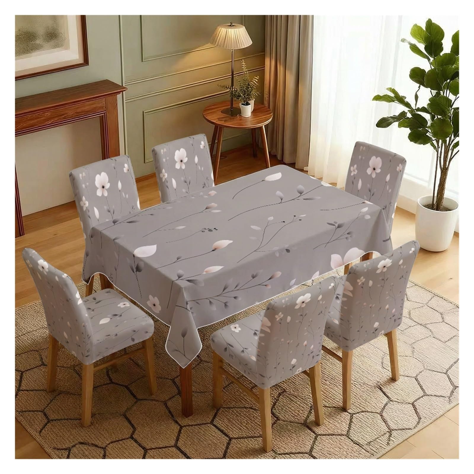 BOSUYBN Grey Base Minimalist White Abstract Floral Dining Tablecloth & Chair Covers Set, 5/7 Piece Simple Modern Neutral Cottage Dining Decor Table Setting(7pcs Set: Tablecloth+Chair Covers)