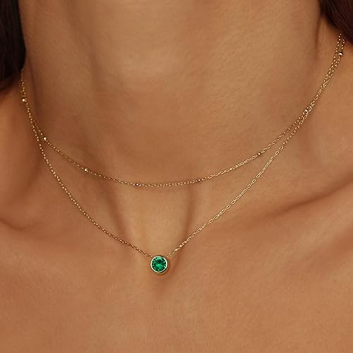 Miniatura 2 de MONOOC Collar de piedra natal en capas para mujer, oro macizo de 14 quilates, collar de cadena de clip de papel, collar clásico redondo con colgante