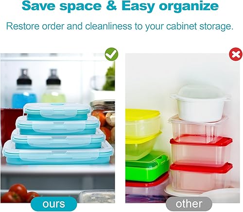 Miniatura 6 de Juego de 4 recipientes plegables de silicona para almacenamiento de alimentos, caja de comida sobrante para cocina, loncheras Bento, sin BPA, aptas