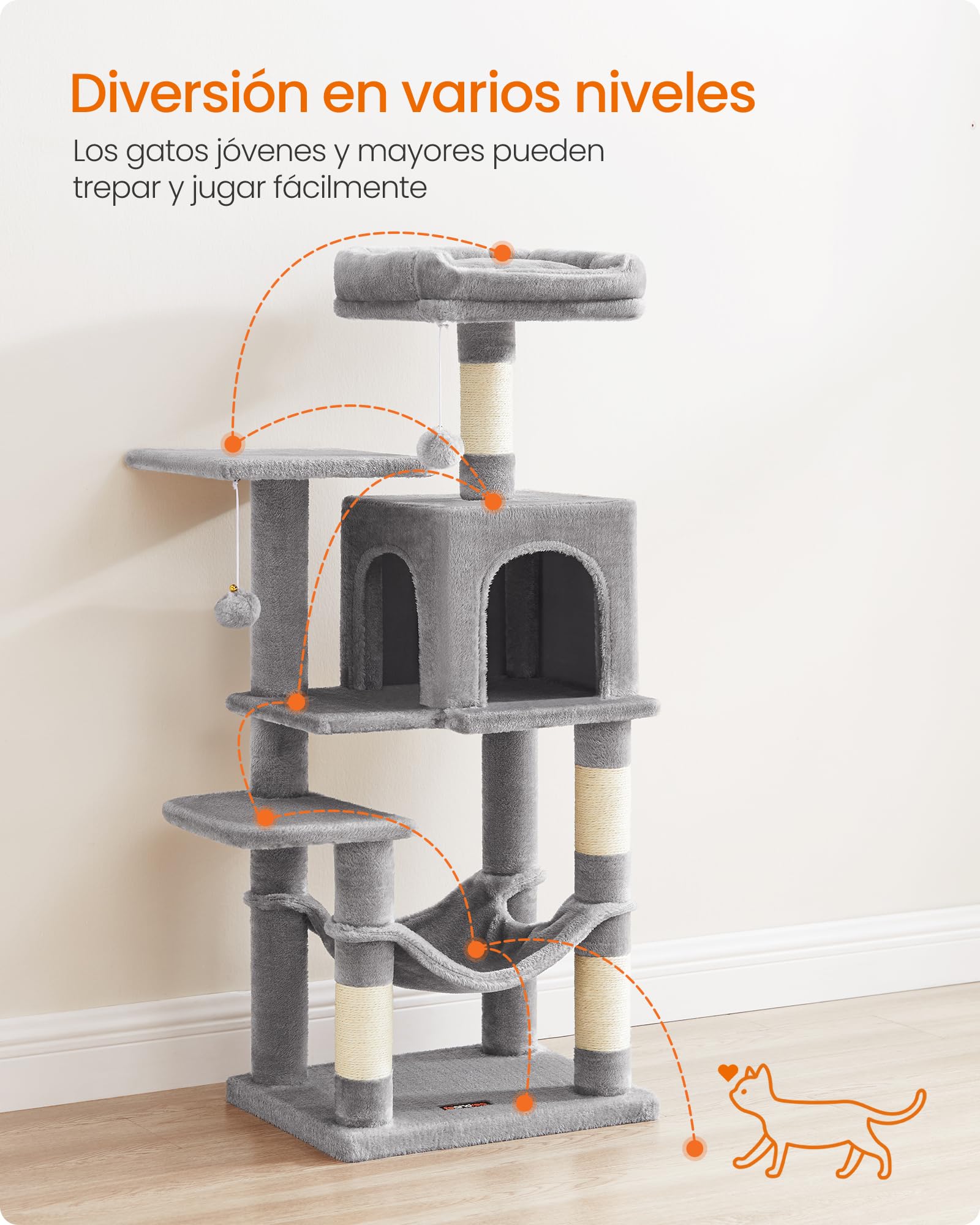 Feandrea Árbol para Gatos, Altura 112 cm, Torre de Gatos, con 4 Postes Rascadores, 2 Plataformas, 1 Cueva, 1 Hamaca, 2 Pompones, Tela de Felpa, Multinivel, Gris Claro PCT261W01