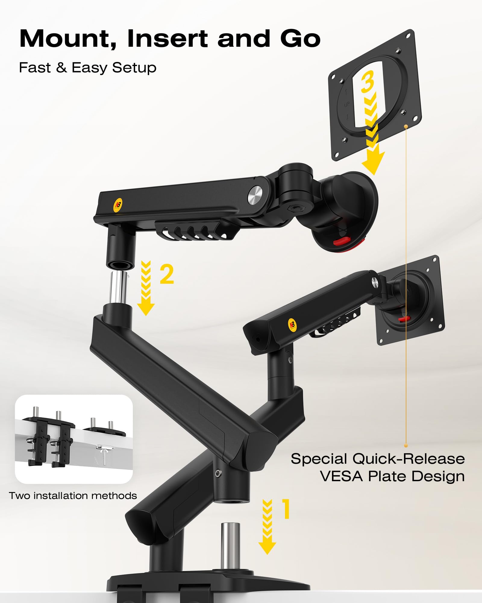 NB Ergonomic Supporto per Monitor da 17 a 32 Pollici, Carico fino a 9 kg (Nero, Braccio Doppio)