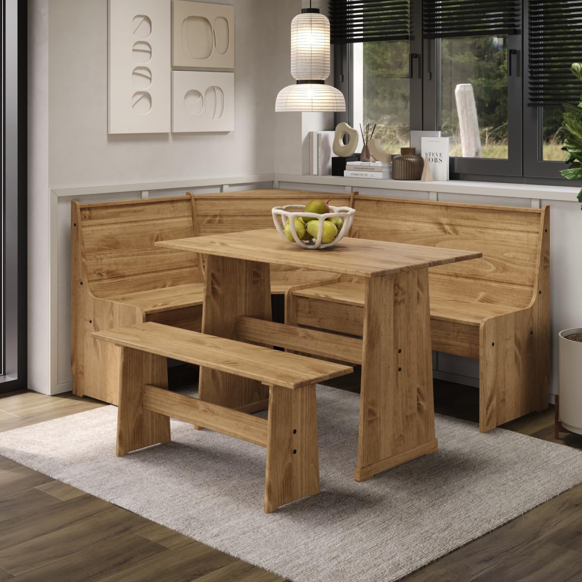 Furniture Dash Solid Wood Corner Dining Set 64.8" W x 19.9" D x 33.4" H- Farmhouse Table and Bench Set, Farmhouse Furniture for Dining Room - Corona Collection