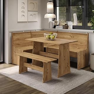 Furniture Dash Corona Solid Wood Farmhouse Corner Dining Set with Bench 64.8" Table for Kitchen