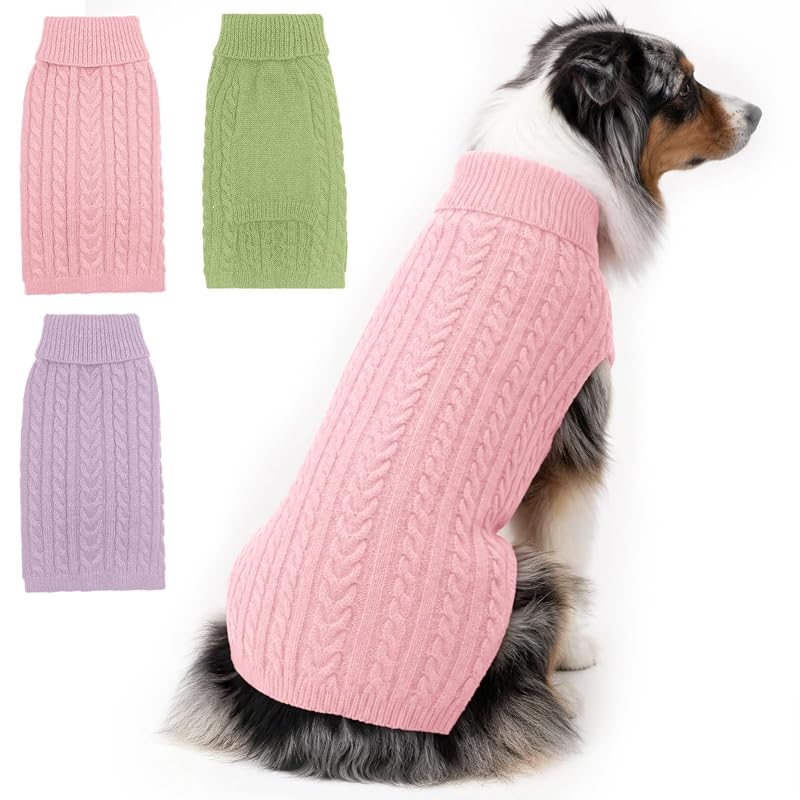 Suéter para cães grandes em tricô acrílico com gola alta, Ownspar, Rosa, Verde e Roxo, XX-Large, pacote com 3