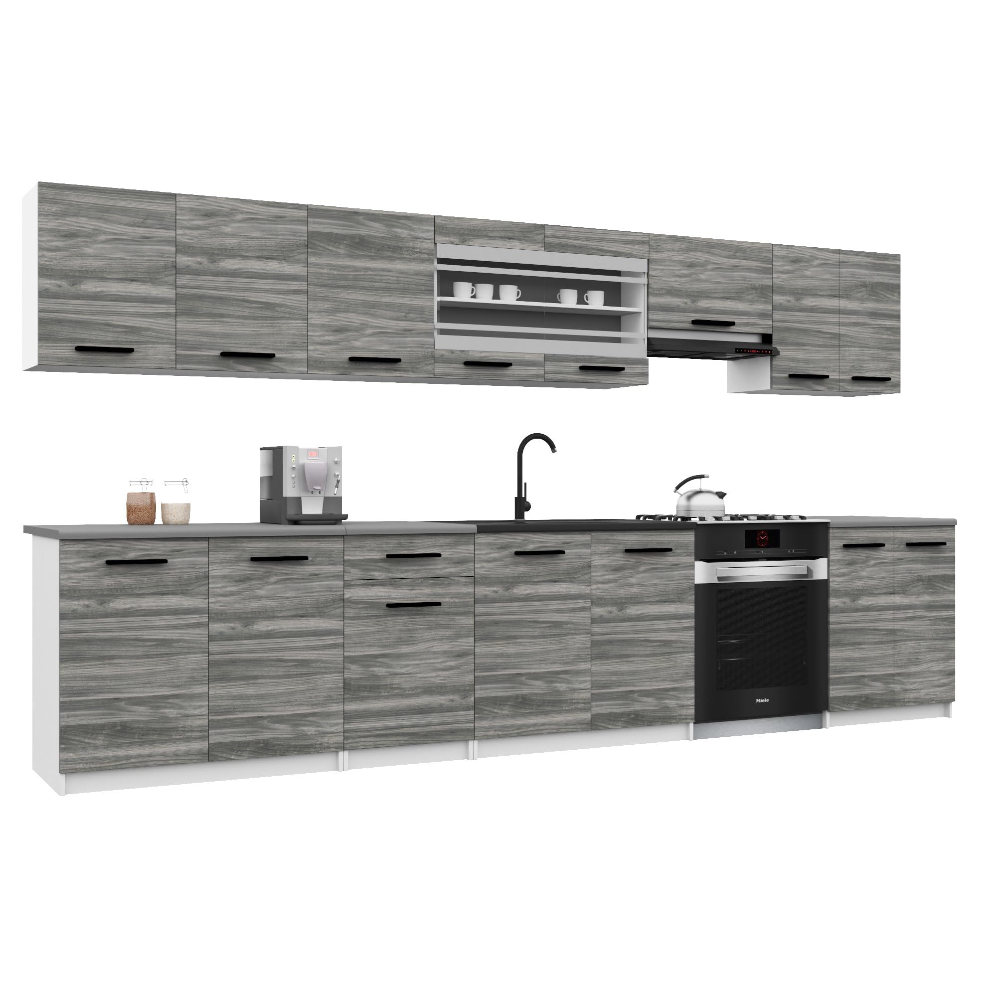 Belini Italia 3 Liniowa szafka kuchenna 320cm Szary Glamour | ECONATURA DECOR Liniowa szafka kuchenna, szafka, bez sprzętu AGD, z blatem roboczym