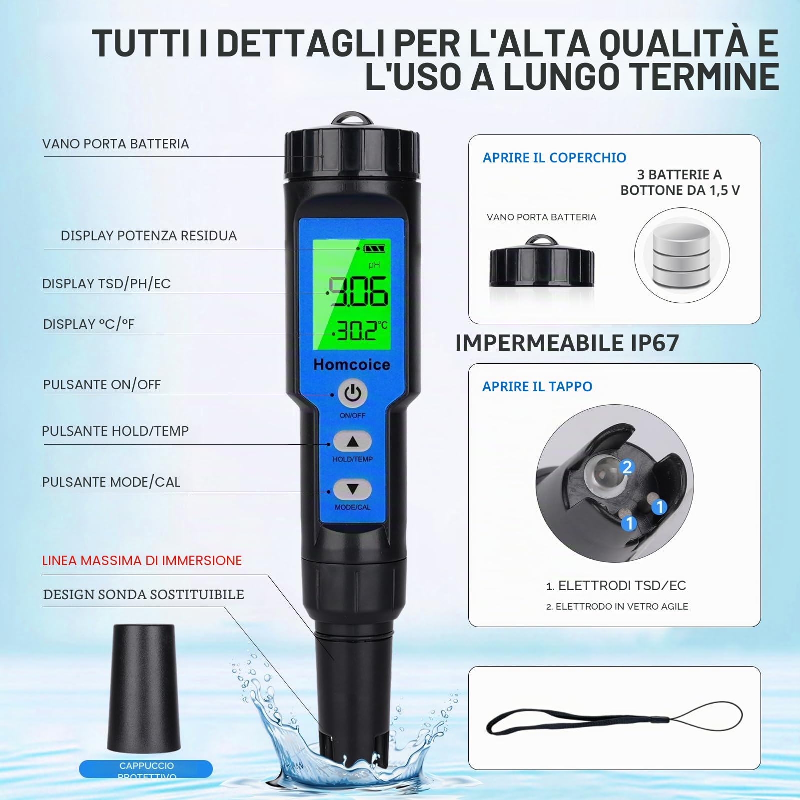 Misuratore PH 4 in 1, PH TDS EC Temperatura Meter con precisione da Laboratorio 0,01 PH, compensazione Automatica Temperatura, Tester qualità Acqua IP67 Impermeabile per Piscine, idrocoltura