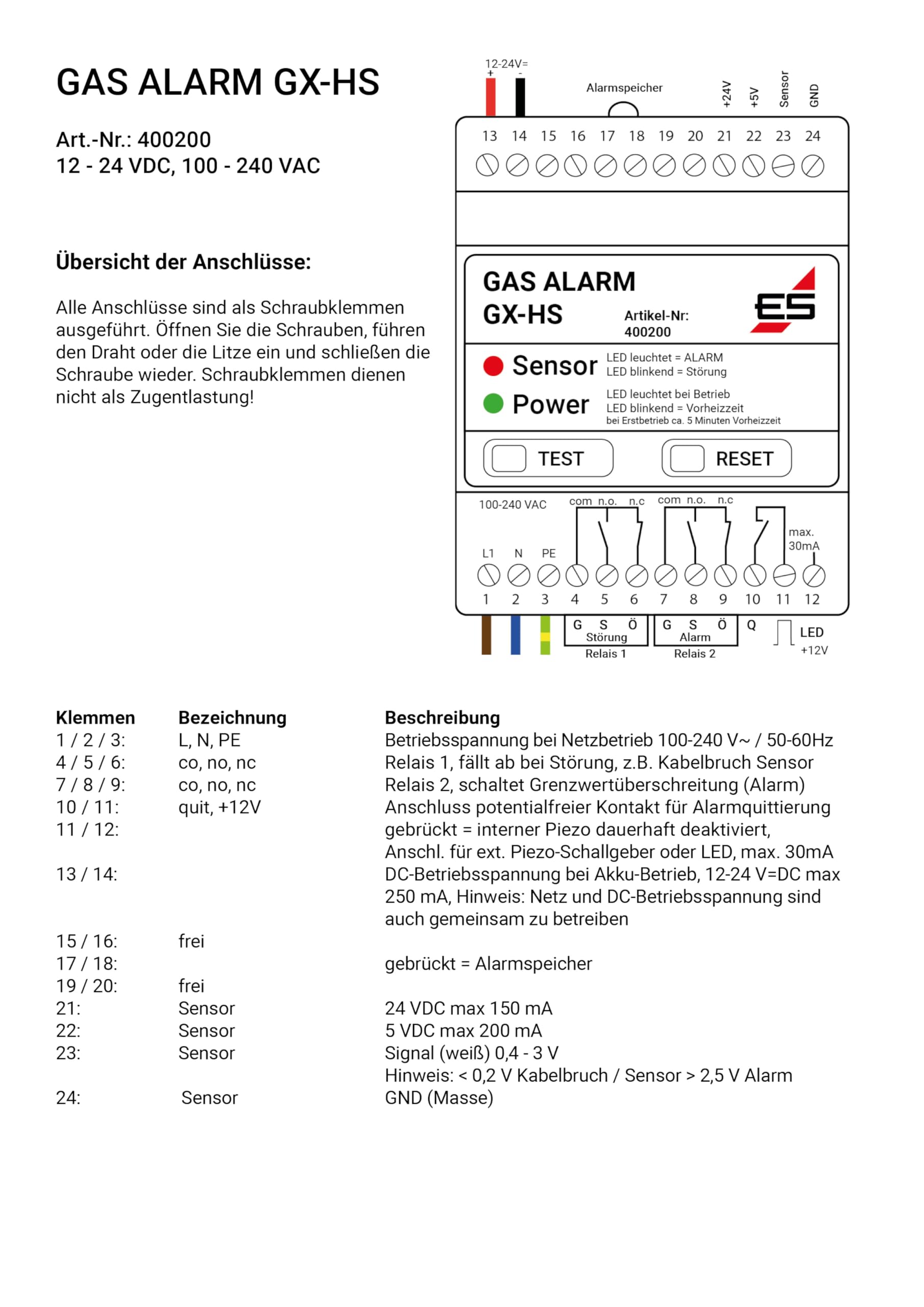 Schabus 400200 GX-HS Rilevatore di gas e monossido di carbonio alimentato a rete metano, butano, propano, etanolo, 1 W, 240 V, multicolore