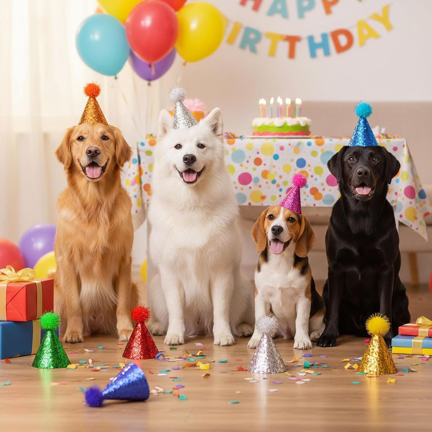 Party Hats for Stuffed Animals, Multicolor Party Hat with Pom Poms, Cone Birthday Hats for Stuffed Animals Dogs