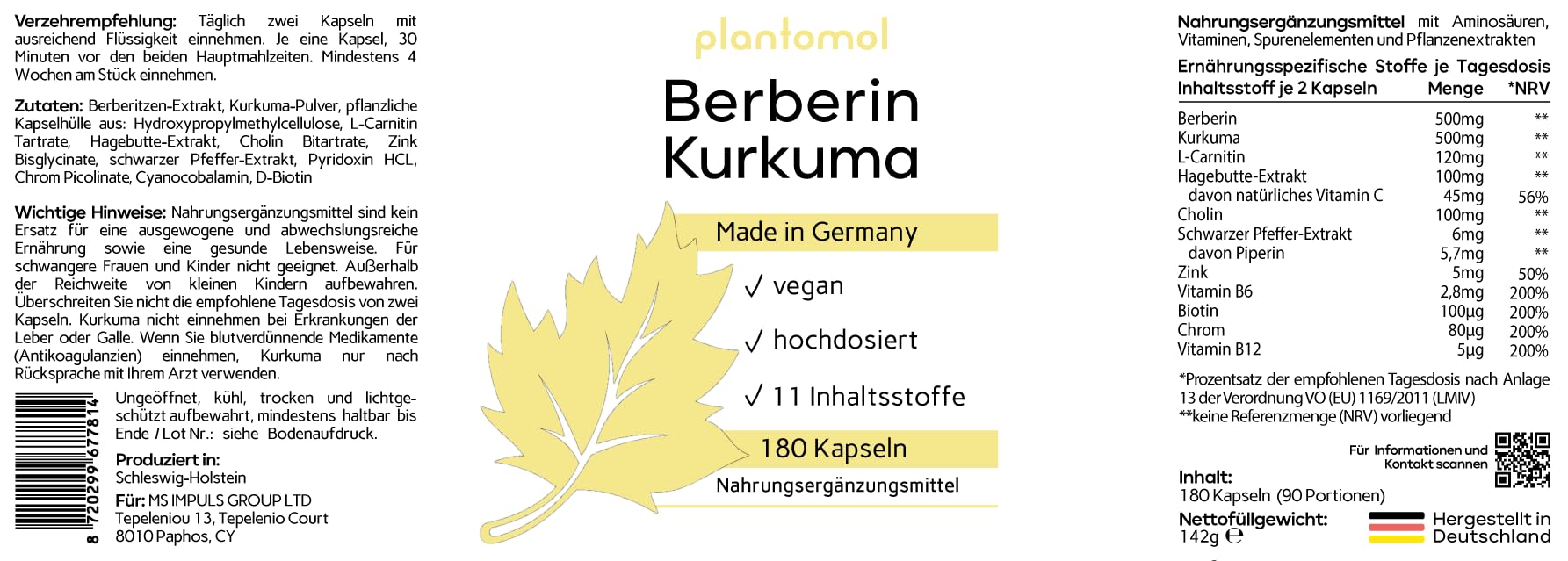 Berberin Kapseln als 11-fach Komplex – 180x Berberin 500mg Komplex mit Kurkuma – Berberine 500mg mit Cholin, L-Carnitin, Piperin, Vitamin C & B6-180 – Berberine Kapseln Hochdosiert - 3 Monatsvorrat