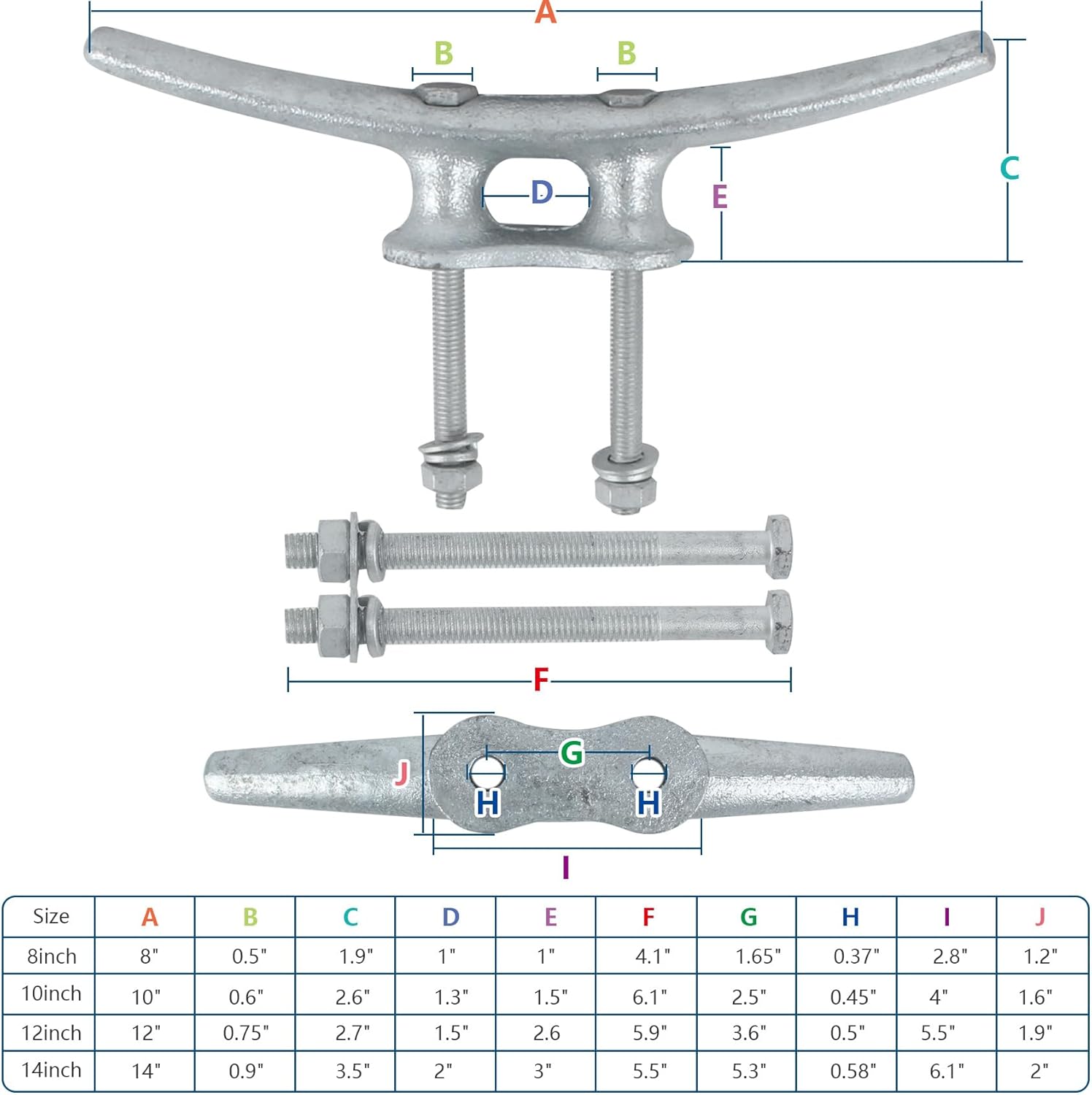 Dock Cleats, Boat Cleat Open Base Iron 4 Inch 6 Inch 8 Inch 10 Inch 12 Inch 14 Inch, Boat Dock Cleats with Hardware Weatherproof Tie Downs for Boat, Decks, Marine or Home Decoration