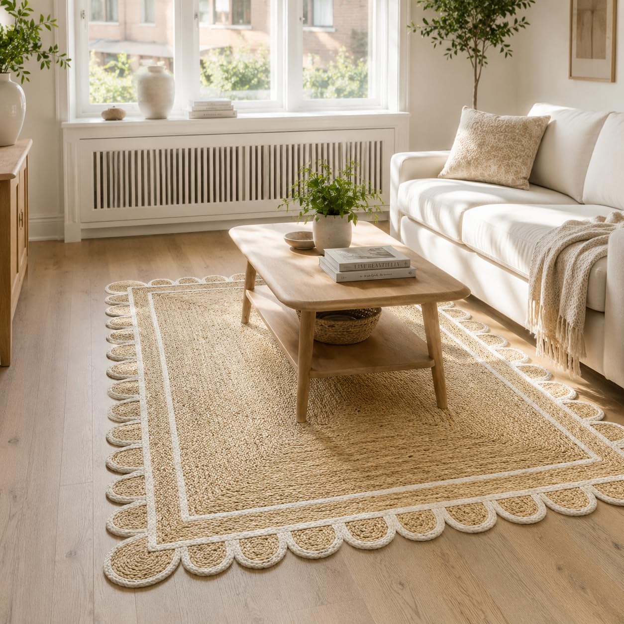 Scalloped Natural Jute Area Rug, Natural Base with Off White Trim, Handmade Farmhouse Boho Rug with Non Slip Backing for Entryway, Kitchen, Bedroom,
