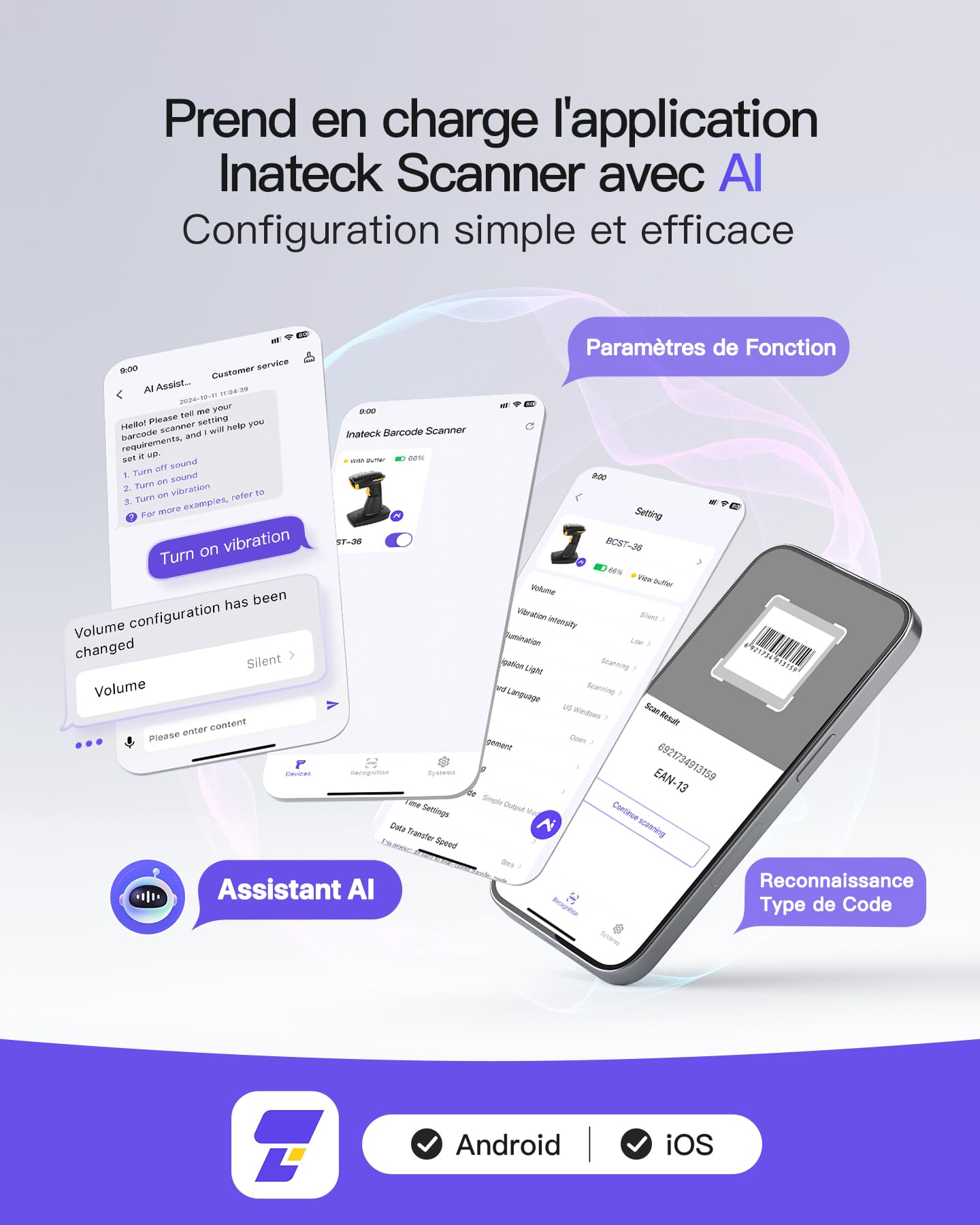 Inateck Scanner de Codes-Barres Bluetooth 2D sans Fil, QR Code 2D avec Batterie 2600 mAh et Base de Charge, BCST-36