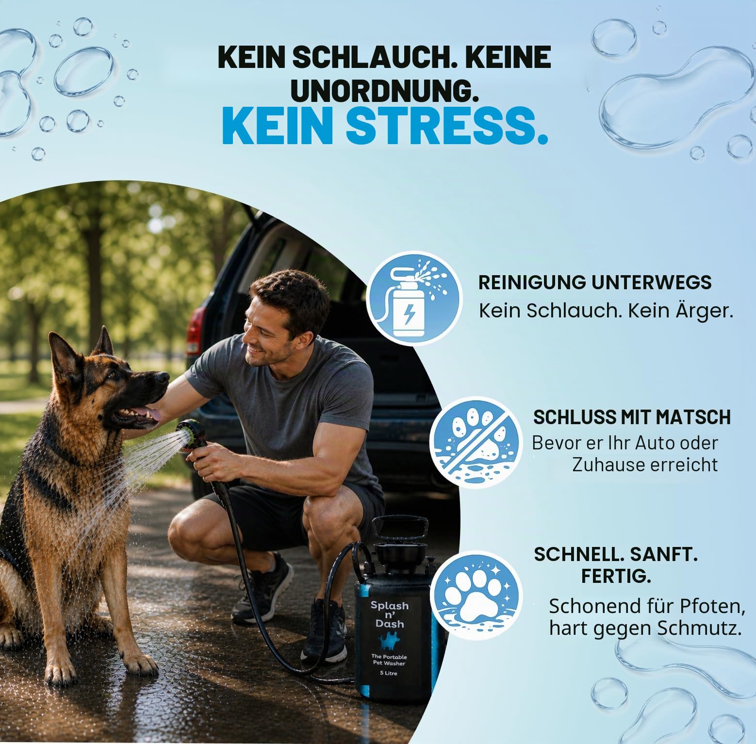 Splash n' Dash 5 Liter Tragbare Hundedusche - Manuelles Duschset mit Bürstenkopf & Neoprenmantel - Tragbare Hundewaschanlage für Zuhause, Reisen oder Outdoor
