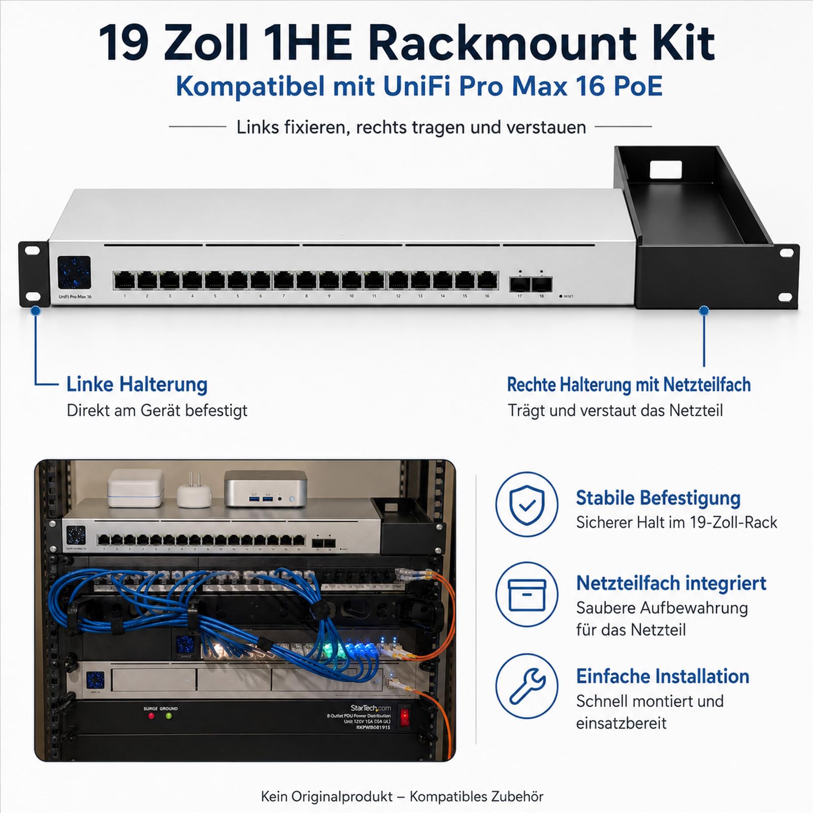 Rackmount Kit kompatibel mit UniFi Pro Max 16 PoE, 19 Zoll 1HE | 19 Zoll Rackhalterung mit Netzteilfach für Switch, Netzteil und Kabelmanagement im Netzwerkschrank.