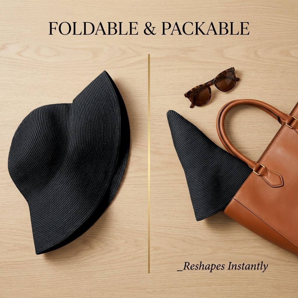 Women Wide Brim Straw Sun Hat, Packable Foldable Beach Hat with Windproof Chin Strap, Adjustable