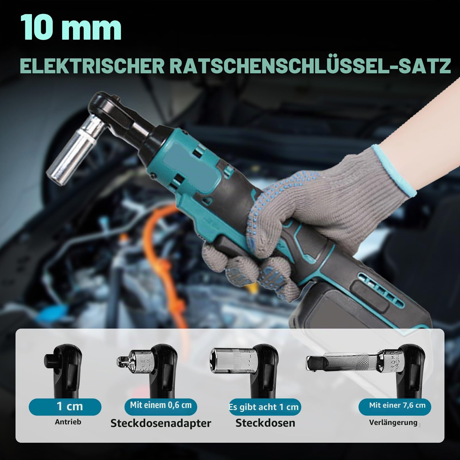 Akku Ratsche für Makita 18V-akku – 3/8" Ratschenschlüssel,60 Nm 400 U/min Elektrisch Ratschenschrauber, Kabelloser Ratsche mit 8 Steckschlüssel,1/4" Adapter und 3" Verlängerungsstange(Ohne-akku)