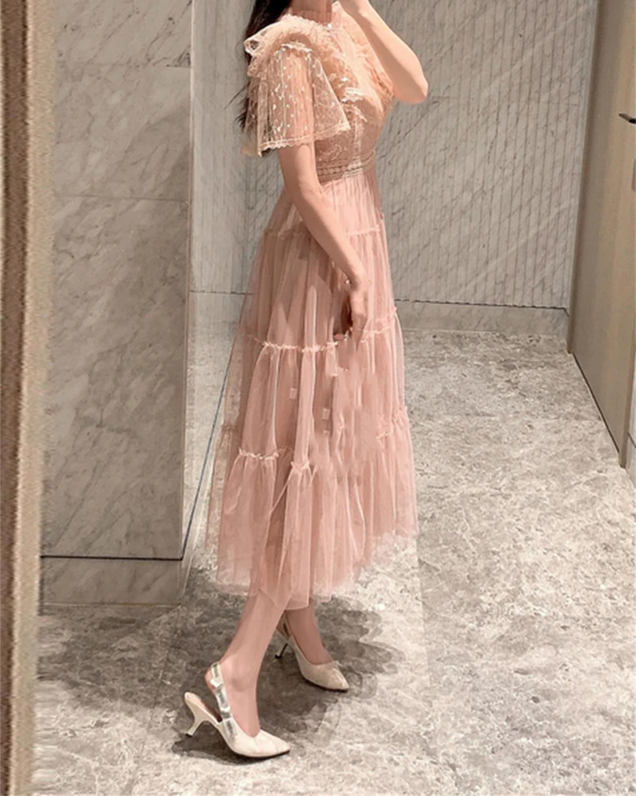 Yeuyyben Vestito da donna elegante con paillettes francese O collo manica corta vita pizzo Mesh abiti per donna
