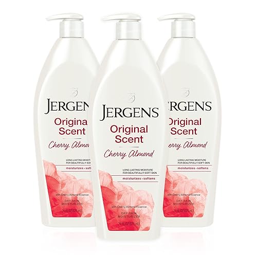 Jergens Original Scent Dry Skin Loción corporal, humectante para manos y cuerpo, esencia de almendra y cereza, probada por dermatólogos, 21 onzas,
