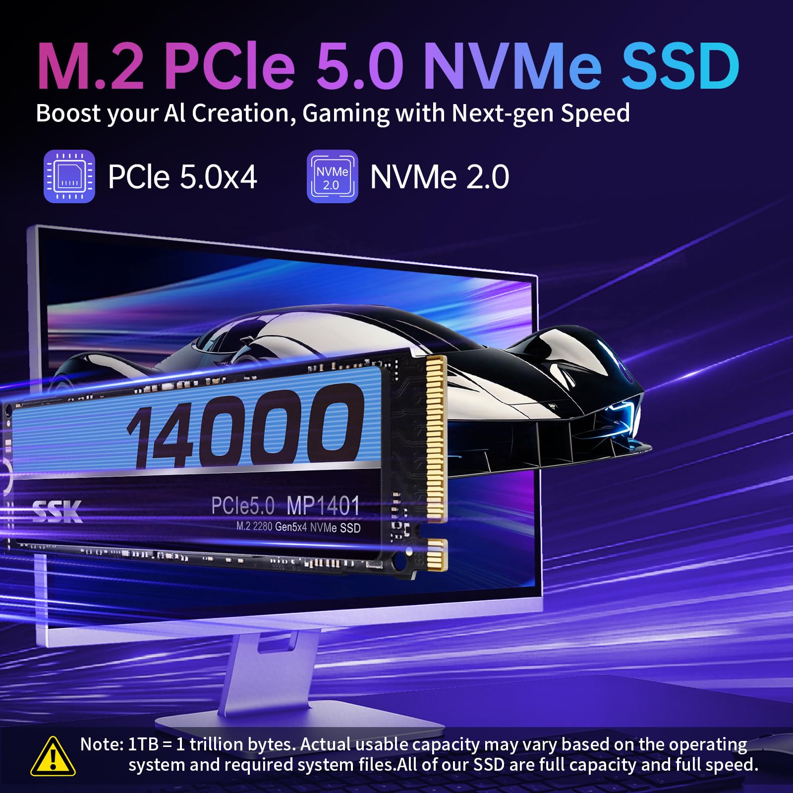 SSK SSD interno da 1 TB, M.2 NVMe SSD 2280 PCIe Gen5 fino a 14000 MB/s velocità di lettura, unità a stato solido interna NAND TLC NAND ad alte prestazioni per giochi, editing video, elaborazione AI