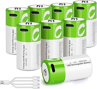 C Batteries Rechargeable with USB 4 in 1 Cable 8 Pack C Size Cell Lithium Batteries LR14 5000mWh 1.5V Li-ion Power for Long-Lasting Use in Floodlights