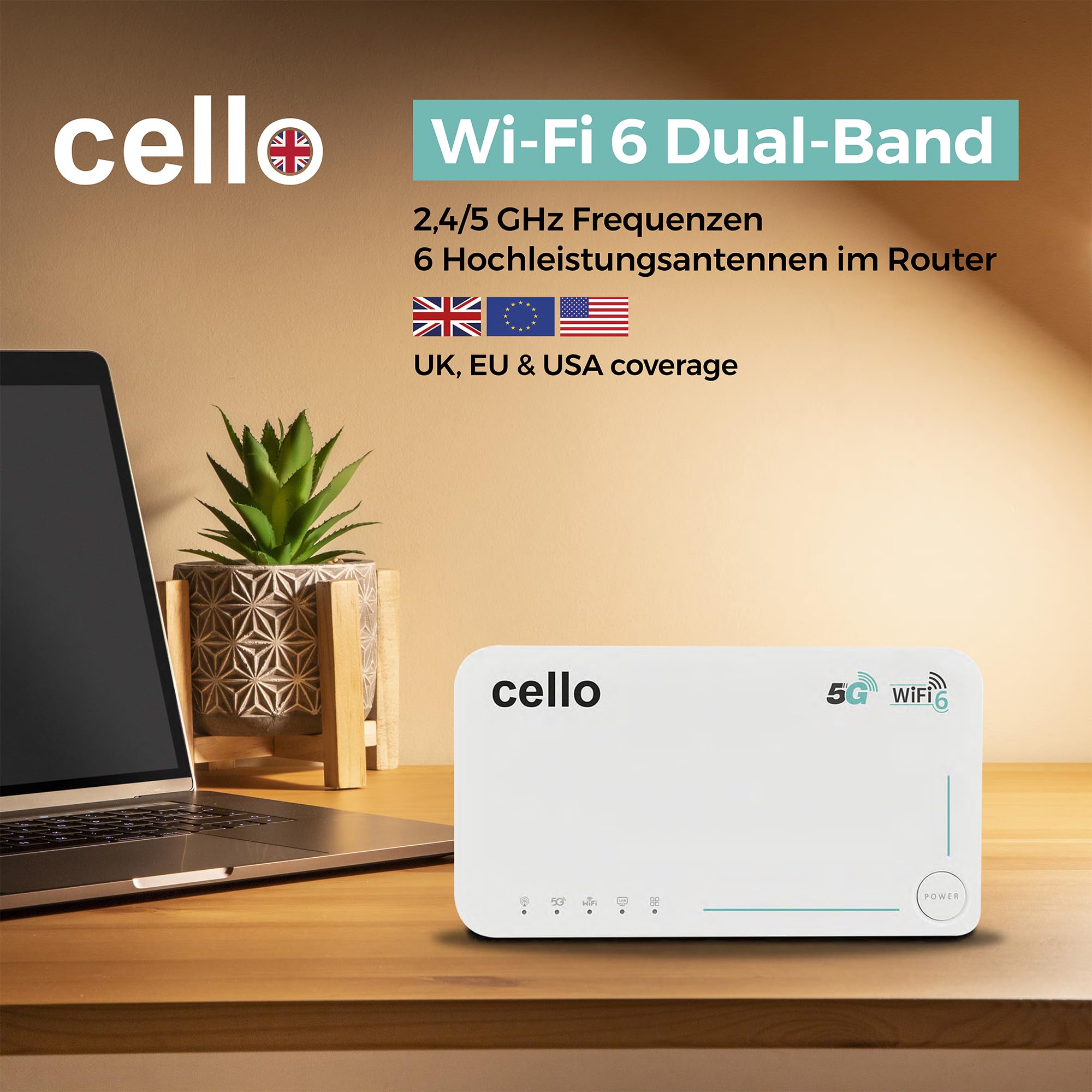 Cello Tragbarer 5G-Reiserouter, WiFi 6 AX1800 Hotspot mit SIM-Slot, Qualcomm X55, Dualband 2,4/5 GHz, 4000-mAh-Akku, SIM-Lock-frei für Reisen, Zuhause und Outdoor