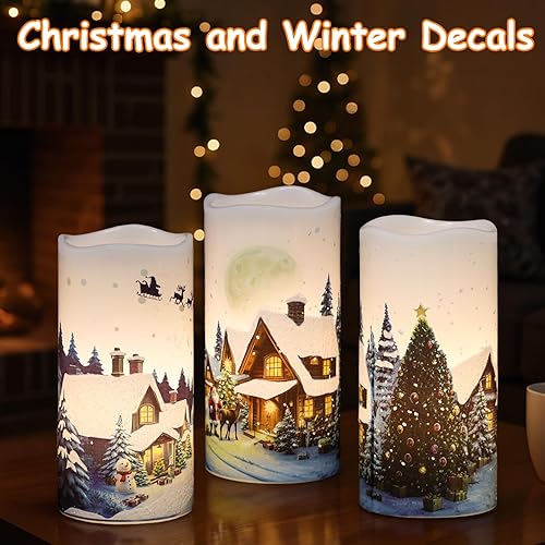 Miniatura 4 de GenSwin Velas de Navidad sin llama con temporizador remoto, juego de 2 velas LED de Navidad que funcionan con pilas con casa de nieve, Papá Noel,