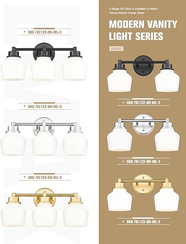 Miniatura 6 de Emak VL122-BK-ML-2 - Lámpara de tocador de 2 luces, moderno accesorio de baño negro para casa de campo sobre espejo con pantalla de vidrio de leche