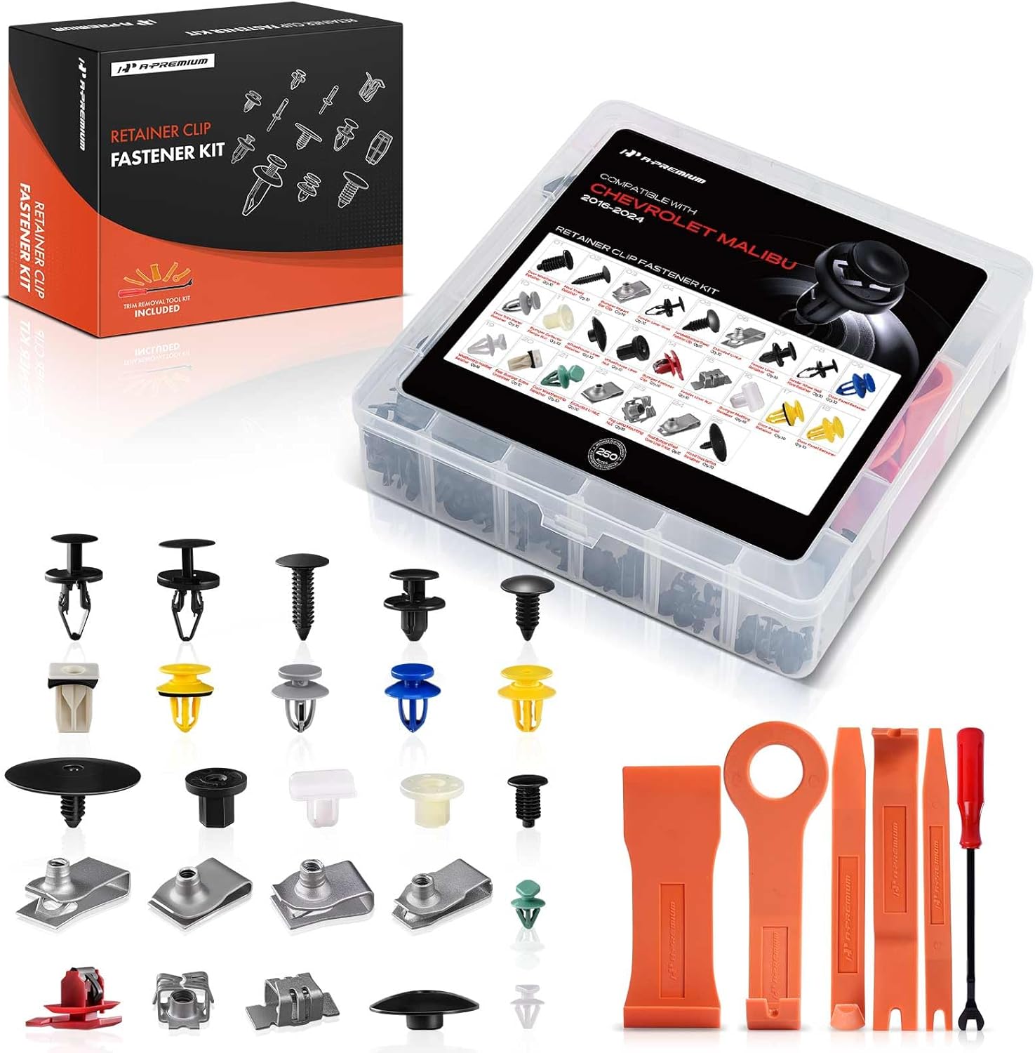 A-Premium 250Pcs 49.28 oz Nylon Bumper Retainer Clips Fender Fasteners Door Trim Panel Weatherstrip Auto Push Pin Plastic Rivets Kit Compatible with Chevrolet Malibu 2016-2024, with Removal Tool