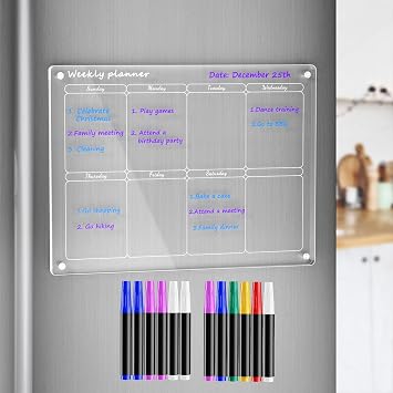 AITEE Acrylic Magnetic Weekly Calendar for Fridge and AITEE Low Odor Dry Erase Markers, Ultra Fine Pointed Tip