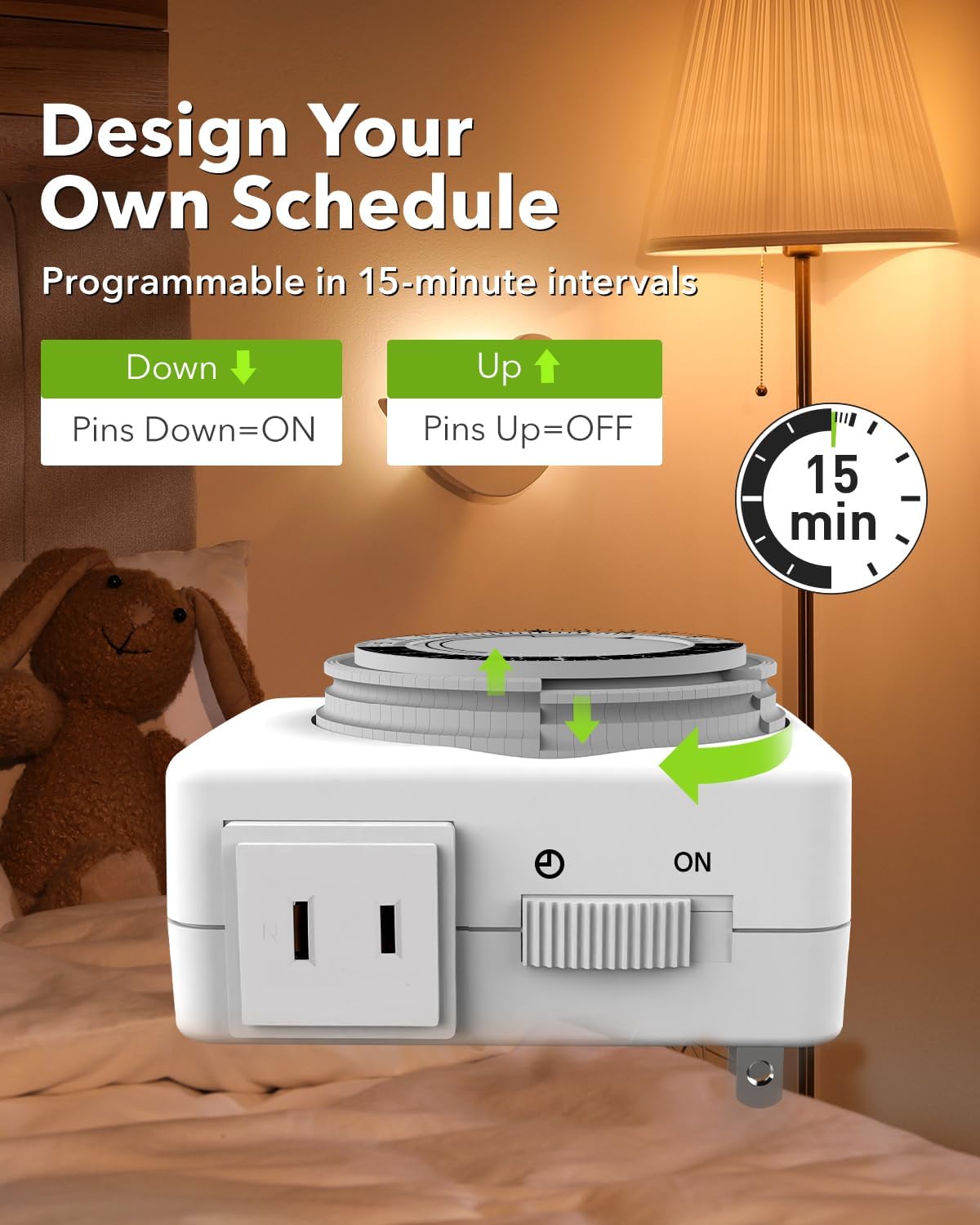 HBN Outlet Timer for Electrical Outlets Indoor, 24 Hour Mechanical Light Timers for Lamps, Dual 2-Prong Plug-in Outlets, 15-Minute Intervals, Heavy Duty Daily Cycle, 1 Pack