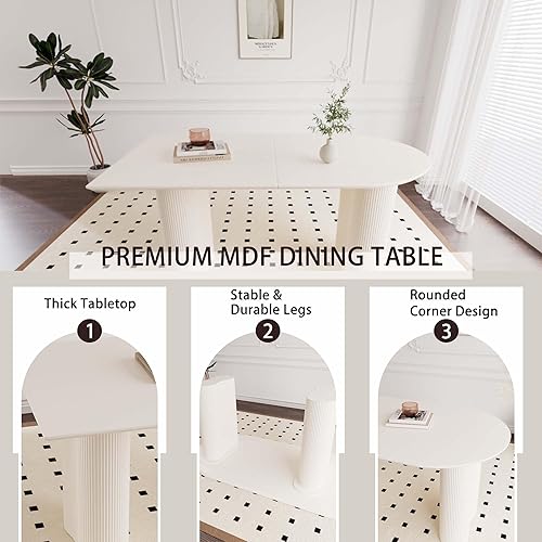 Miniatura 3 de Moderno juego de mesa de comedor color crema para 4, juego de mesa de comedor y sillas de 5 piezas, mesa de comedor ovalada blanca de 63 pulgadas
