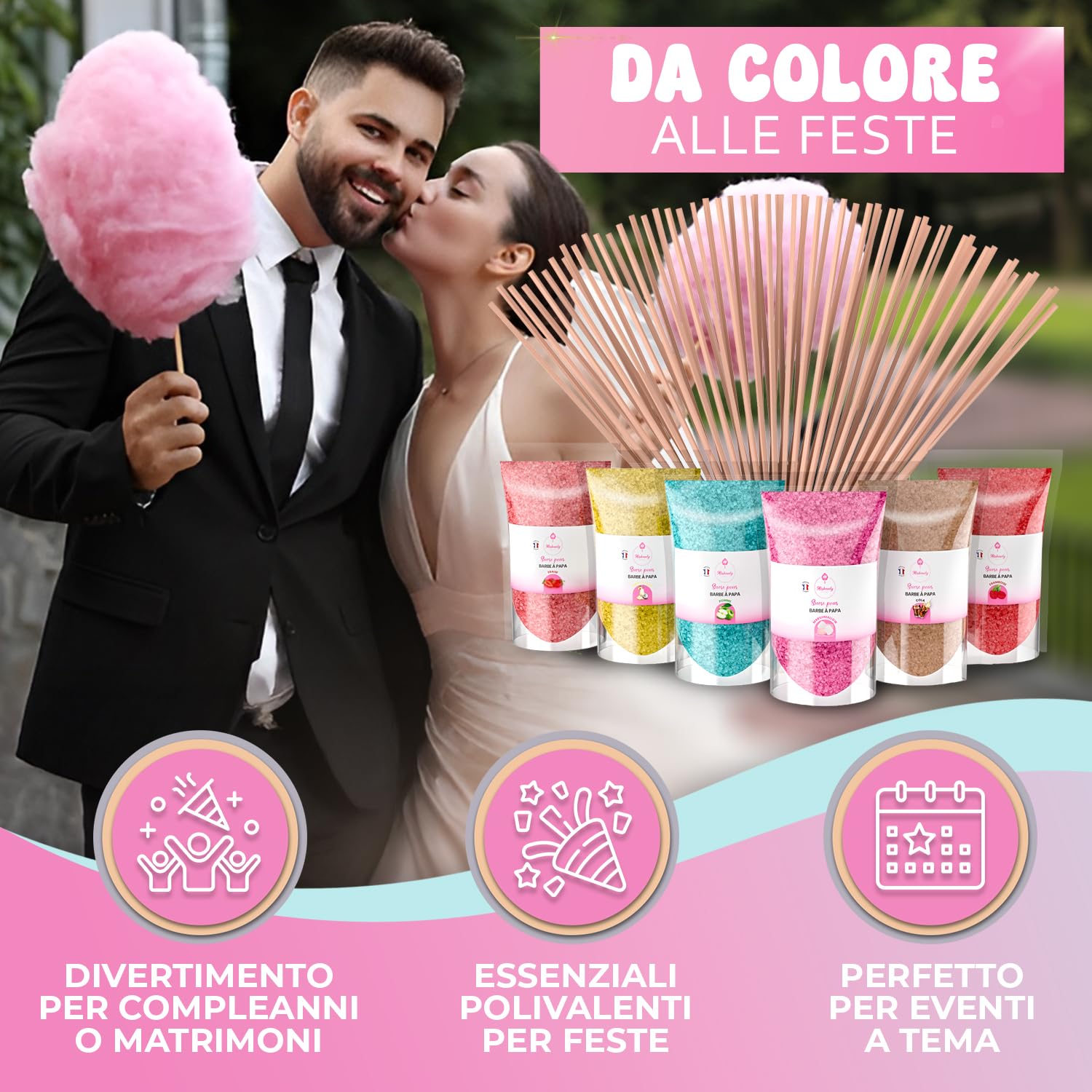 Misskandy, zucchero filato per macchina/lotto da (6 * 160g) / aromi: fragola, marshmallow, pina colada,mela, cola, lampone + 20 bastoncini