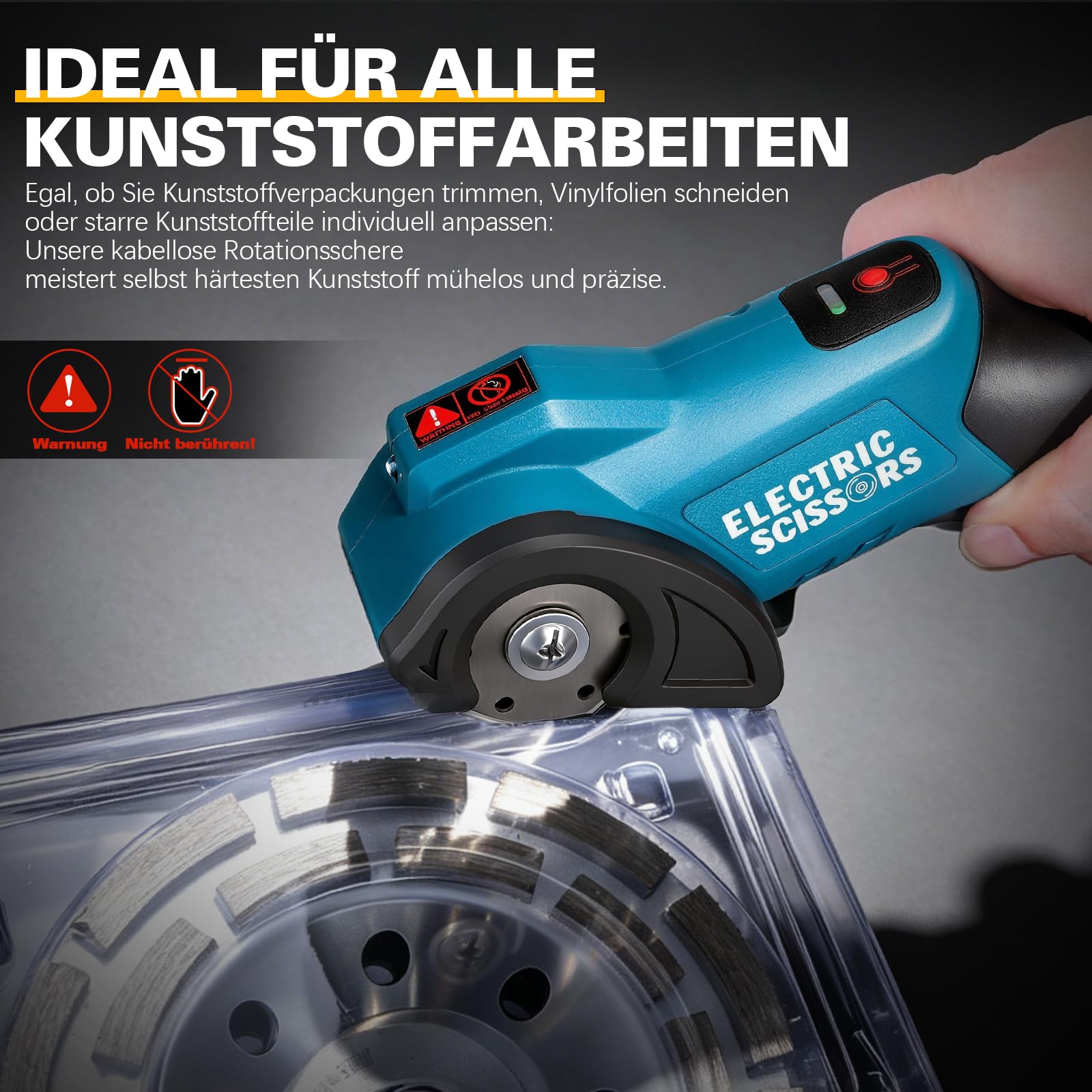 Kartonschneider Elektrische Schere mit 2000mAh Akku, Max. Schnittstärke 9 mm, 440 U/min Kabellose Rollschneider Teppichschneider mit LED-Licht & USB-C Kabel, Akkuschere Kompatibel mit Makita 18V Akku