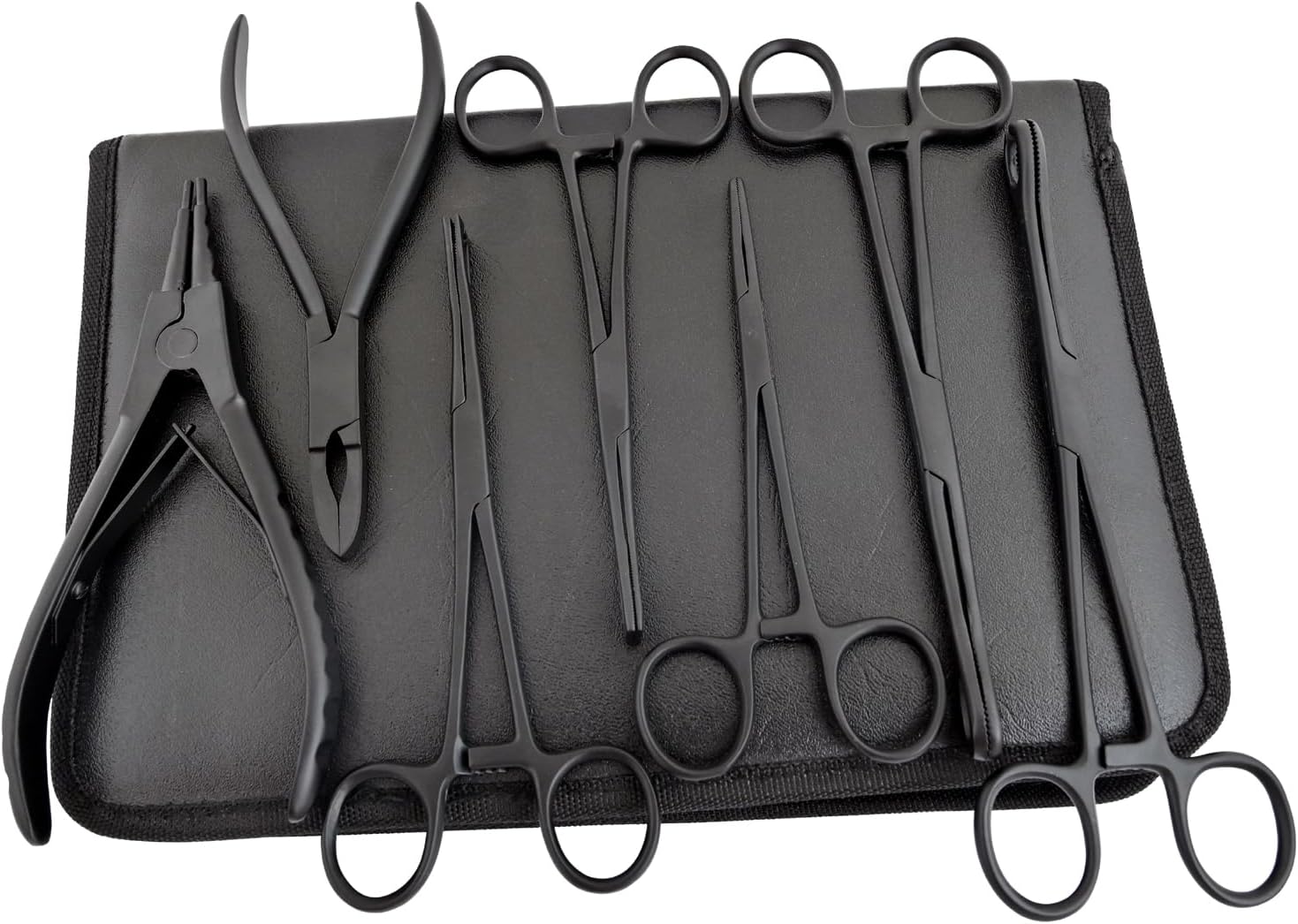 Full Black 7 Piece Body Piercing Instruments Kit Tools Pennington Sponge Forceps Stainless Steel Instruments with Carry Case MBK-B-01