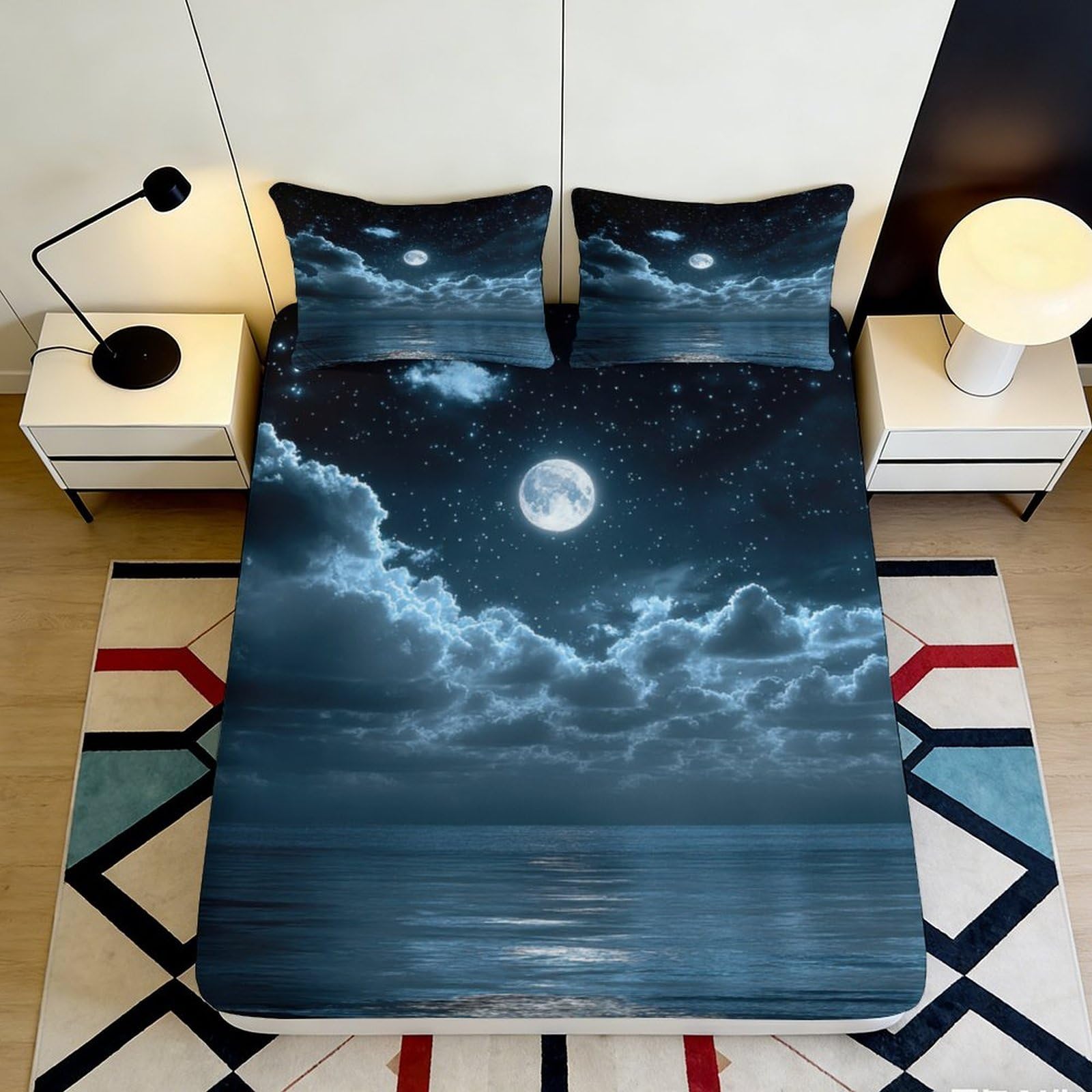 3D Printed Moonlit Night Sky Fitted Sheet Microfiber Soft Blue Cloud Mattress Cover for Bedroom Dorm Bed Decor 90x200x25cm