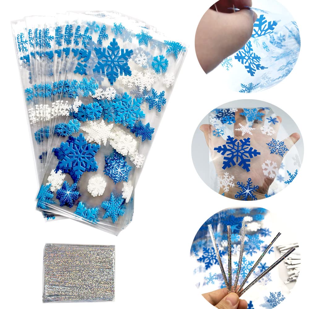 Uuams Sacchetti per biscotti, 100 sacchetti per biscotti, Natale, fiocchi di neve, sacchetti regalo di Natale, sacchetti di Natale, sacchetti di cellophane da riempire, con cravatte a torsione