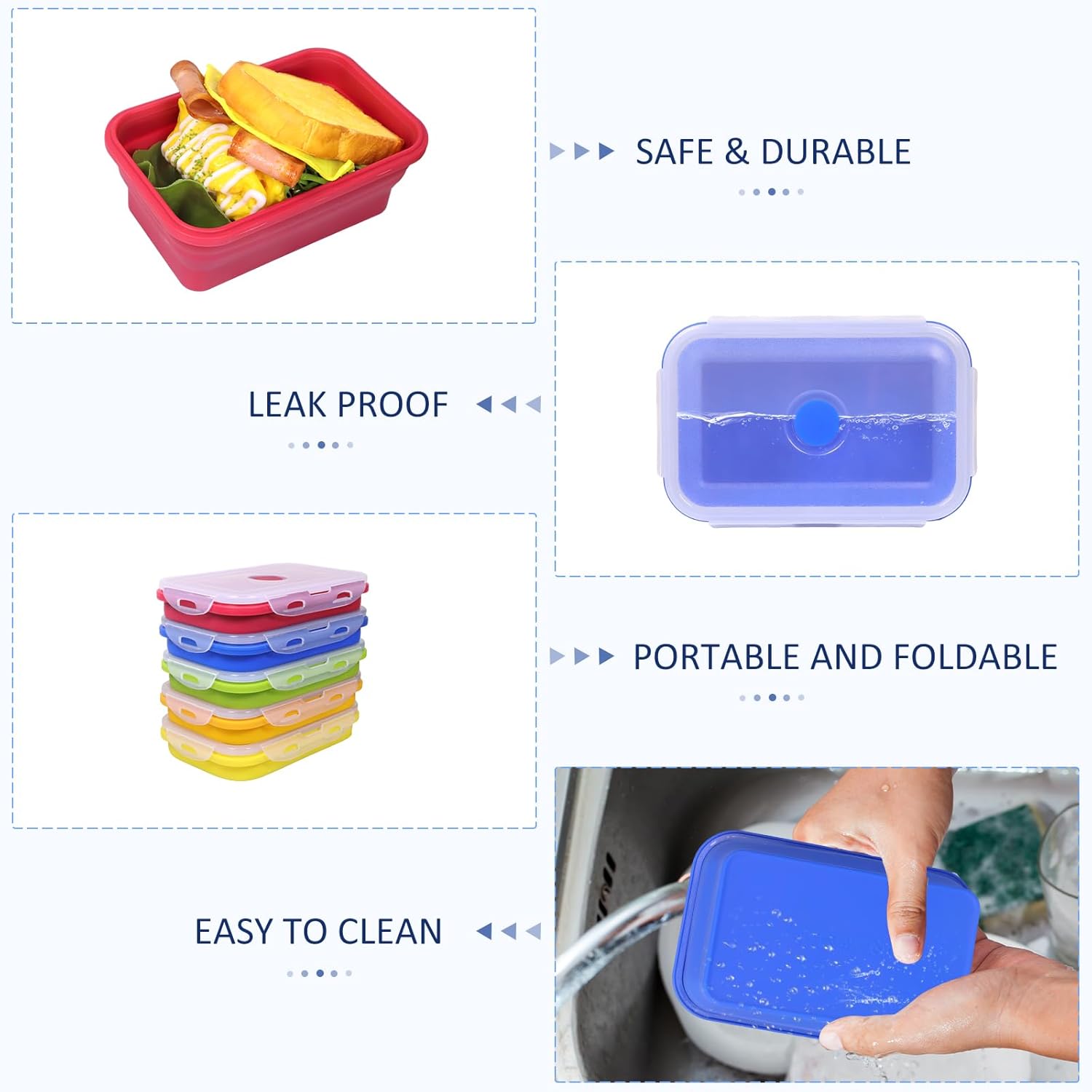 5 Pack Collapsible Silicone Food Storage Containers with Leak-Resistant Lids, 27oz Bento Lunch Boxes, for Kitchen, Office, Camping, Travel, BPA Free