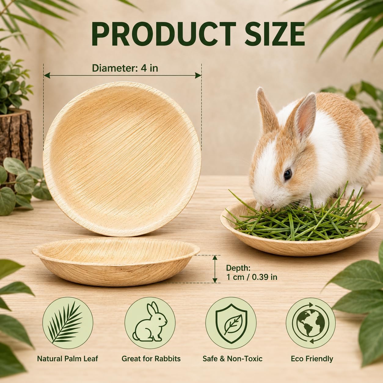 50 Pack Round Bamboo Bunny Bowls for Small Pet Feeding | Natural 4 in bamboo dishes, disposable chewable feeding bowls for rabbits, bunnies and small pets