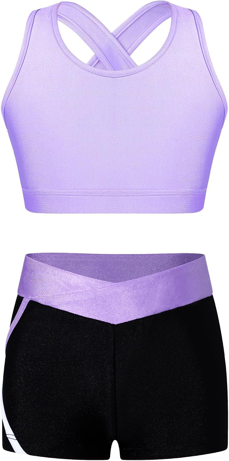 Kaerm Kids Girls 2 Piece Dance Outfits Racer Back Crop Top with Shorts Set Gymnastics Athletic Tank Top and Short