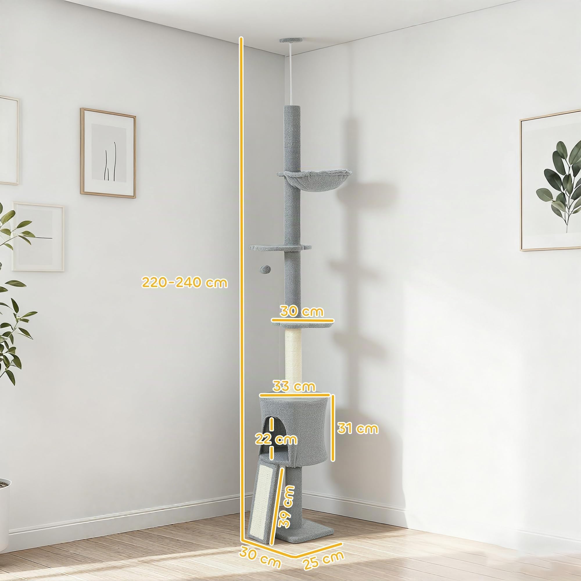 PawHut Árbol para Gatos de Suelo a Techo Regulable 220-240 cm Gris Claro | Torre para Gatos, Hamaca, Plataformas en Forma de Flor, Cuevas, Rampa, Bola