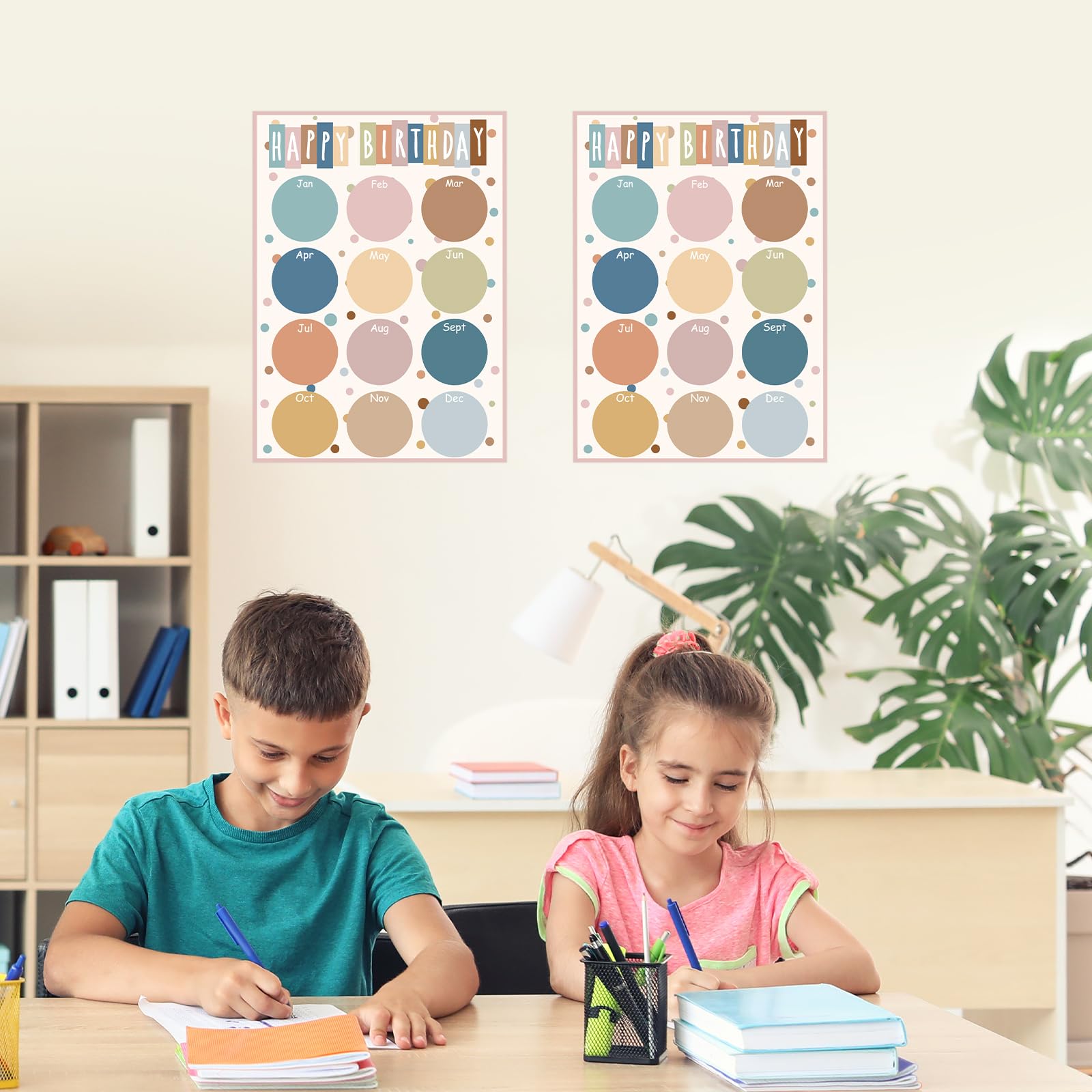 JarThenaAMCS 2 Stück Happy Birthday Poster Chart Boho Farbkreise Punkte Geburtstag Kalender Poster Klassenzimmer Pinnwand Dekor für Vorschule Kindergarten Schulbedarf