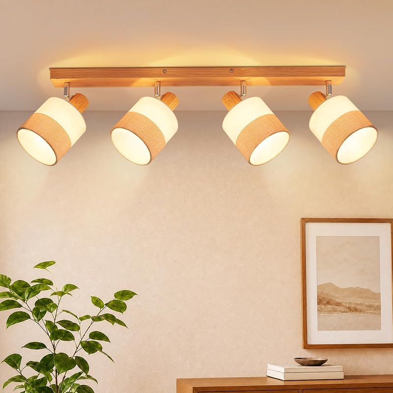 Lampă de tavan cu spoturi Glitzerlife cu 4 fasunguri E14, lampă de tavan din lemn pentru iluminatul sufrageriei și dormitorului