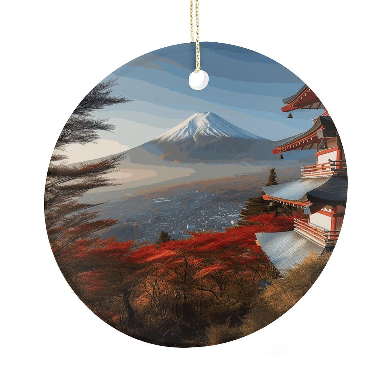 Fekiloot Style Japan Mount Fuji Landscape Christmas Ornaments 2.9 Inch Round Ceramic Ornament Keepsake Thank You Gifts For Office, Room, Home - Holiday Present Ideas