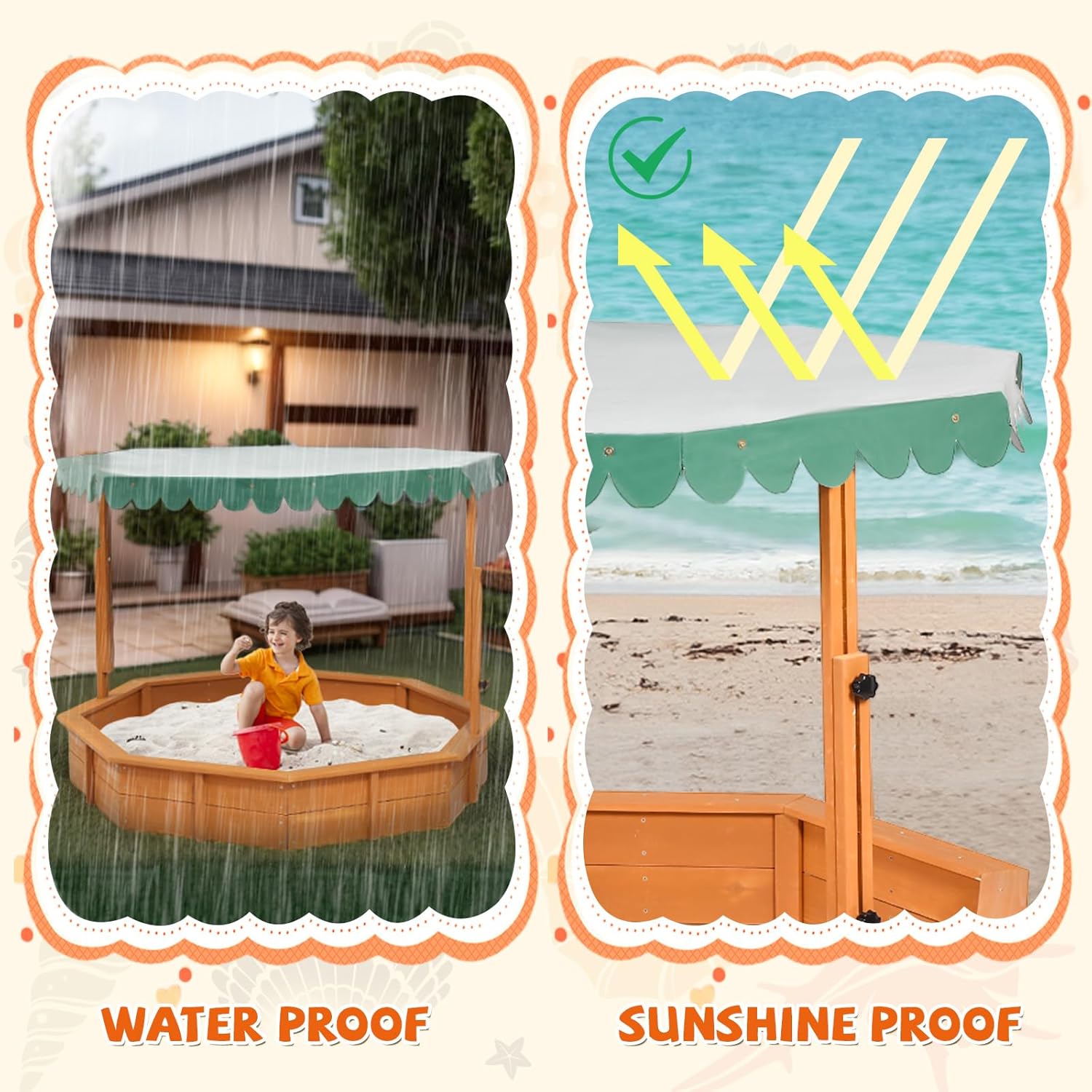 ISBA Sandbox with Lid Wood Sandbox with Cover,Toddler Sand Boxes with Canopy for Backyard Garden Octagonal Outdoor Playhouse with Adjustable Lid for Aged 3-9 Years Old