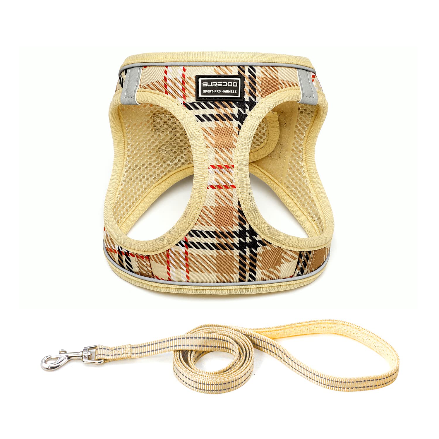 Suredoo Pettorina Cane Taglia Piccola Riflettente, Step-in Pettorina per Cani Gatti Cuccioli con Guinzaglio Comodo, Traspirante Imbracatura Cane Imbottito per Corsa Passeggiate (S, Beige Marrone)