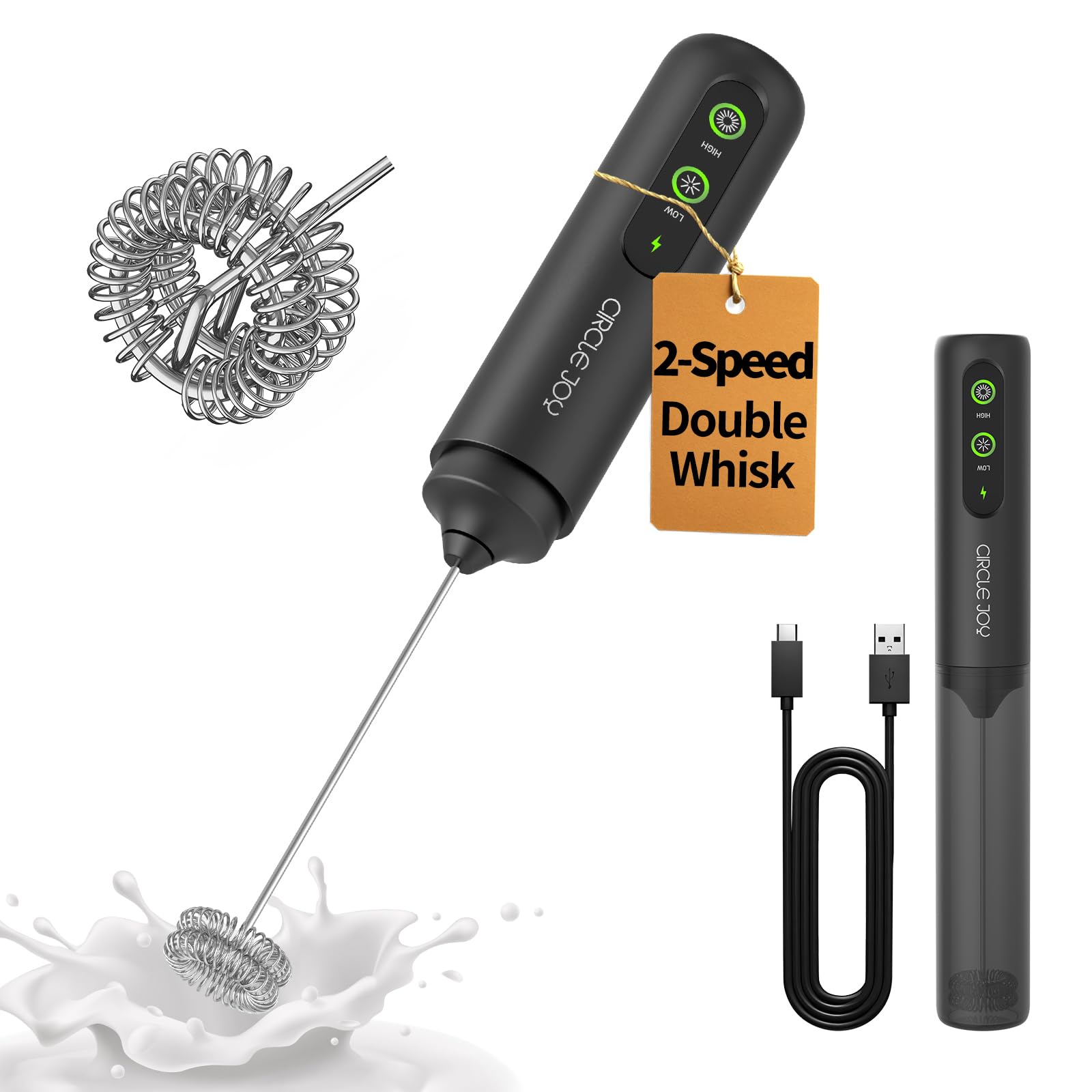 CIRCLE JOY 2-Speed Rechargeable Milk Frother Hanheld, Dual Coil Whisk Head Electric Coffee Frother, Portable Hand Frother Wand Drink Mixer for Matcha Lattes Cappuccino P-stand & Storage Tube Black Prestige Rechargeable