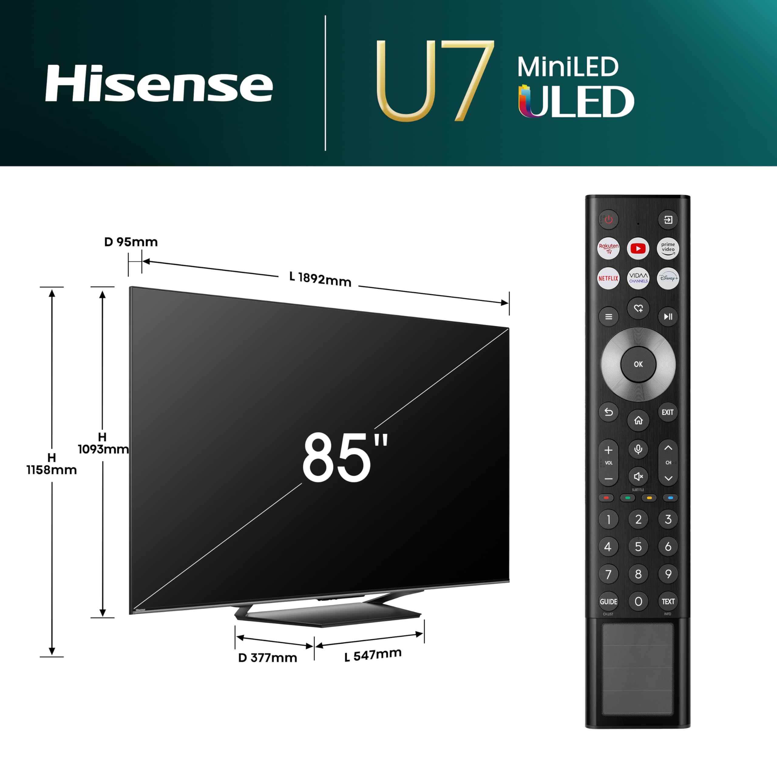 Hisense 85U7NQ 215cm (85 Zoll) Fernseher, 4K Mini LED ULED HDR Smart TV, Quantum Dot, 120Hz/ 144Hz VRR, HDMI 2.1, Game Mode Pro, Dolby Vision IQ & Atmos, Bluetooth, Alexa Built-in, Anthrazit, [2024]